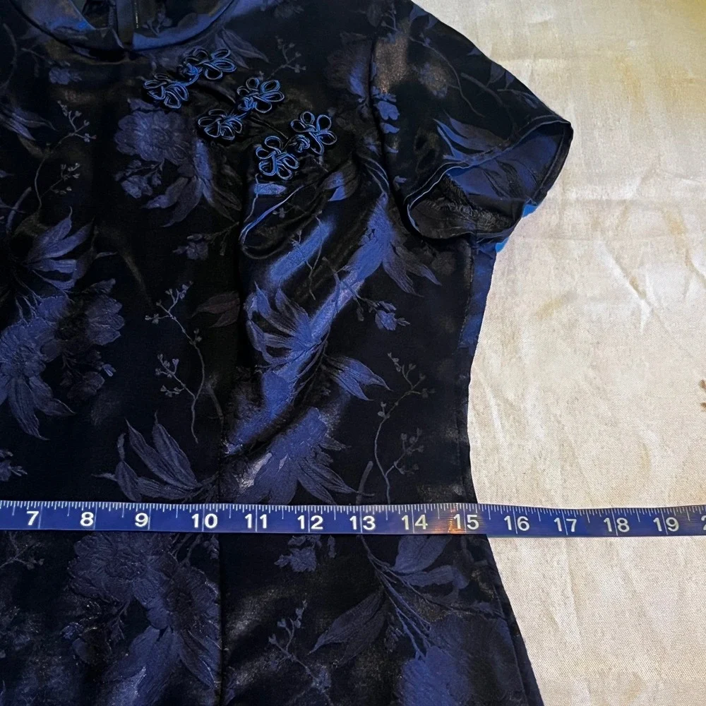 By Choice Vintage 90s Navy Blue‎ Floral Jacquard Cheongsam Dress Y2K Size 7 Frog